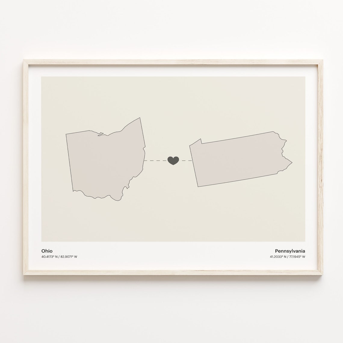 Ohio to Pennsylvania Heart Connection Map Long Distance Gift Poster