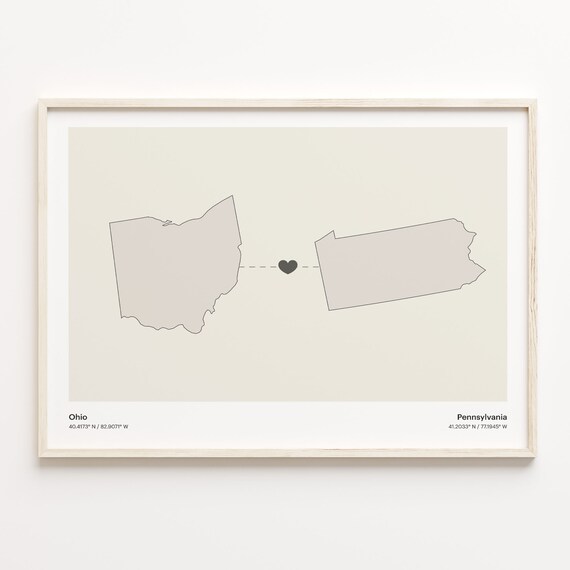 Ohio to Pennsylvania Heart Connection Map Long Distance Gift Poster