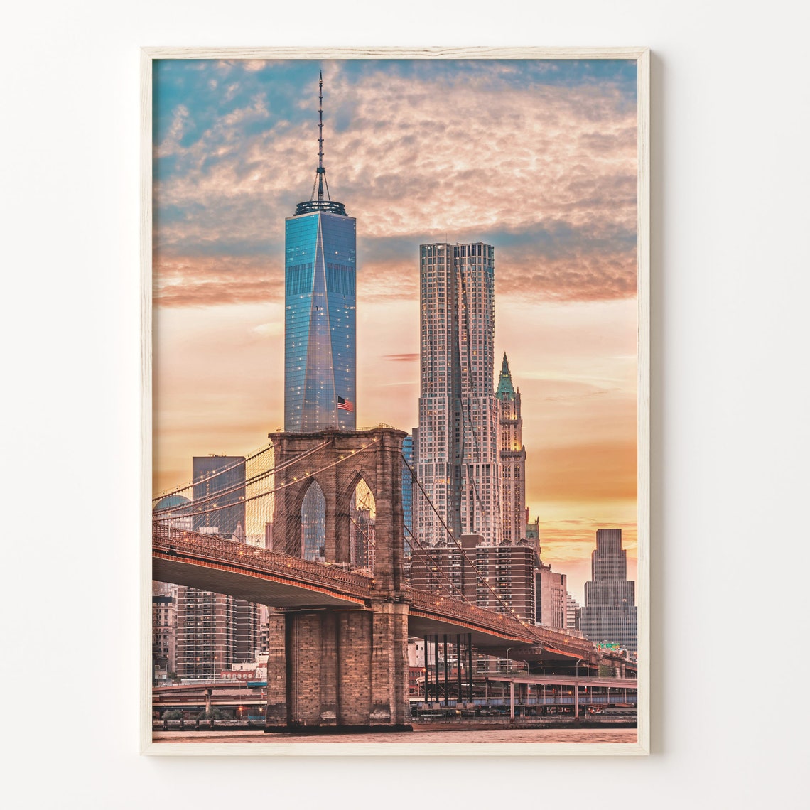 New York City Brooklyn Bridge Lower Manhattan Sunset Skyline Poster