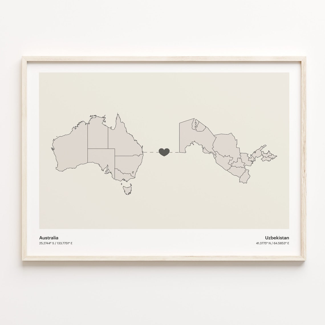 Australia to Uzbekistan Minimalist Heart Connection Map Poster