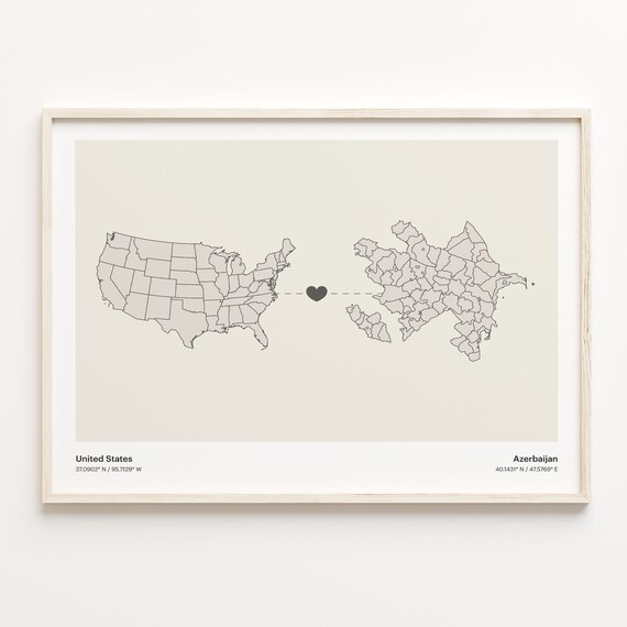 United States to Azerbaijan Connection Map Poster Heart Artwork