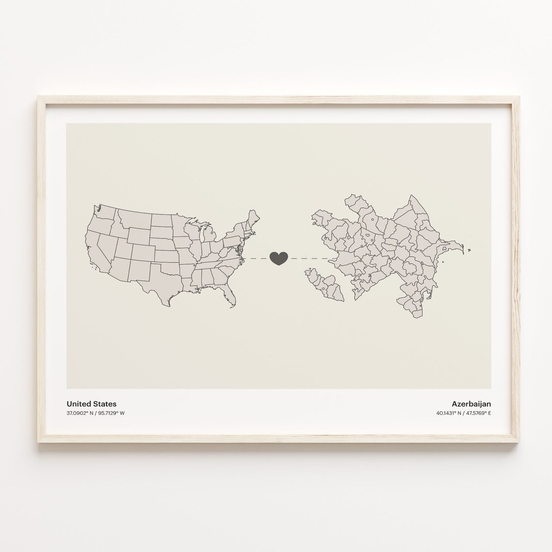 United States to Azerbaijan Connection Map Poster Heart Artwork