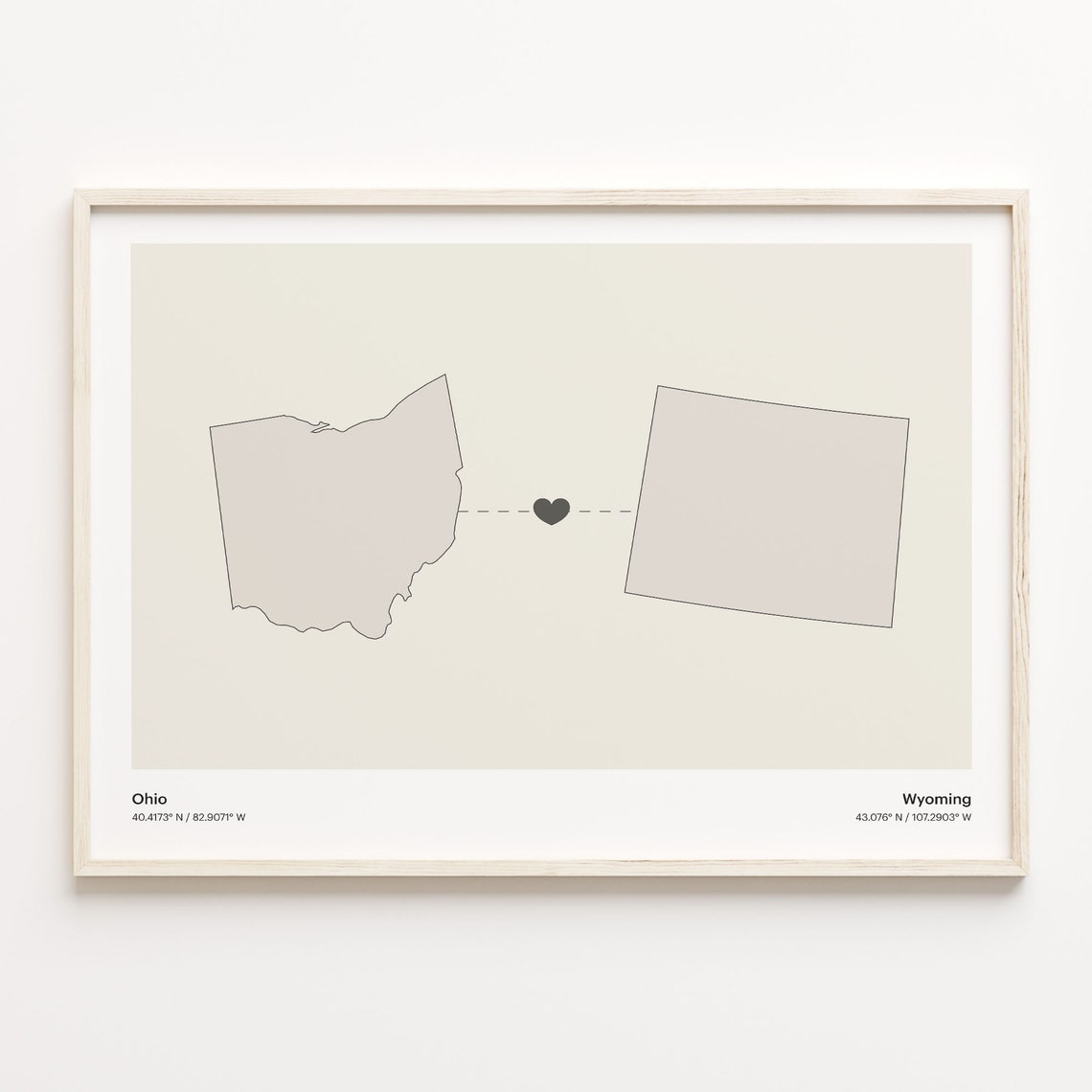 Ohio to Wyoming Minimalist Long Distance Connection Map Poster