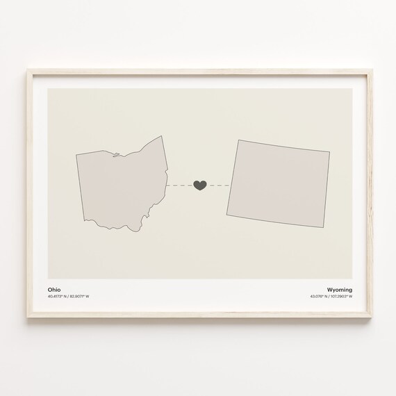 Ohio to Wyoming Minimalist Long Distance Connection Map Poster