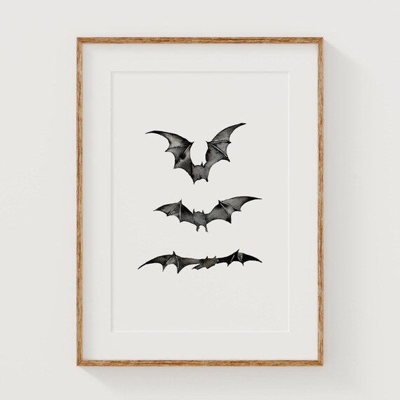 Three Watercolor Bats Flying Trio Halloween Gothic Spooky Decor Poster