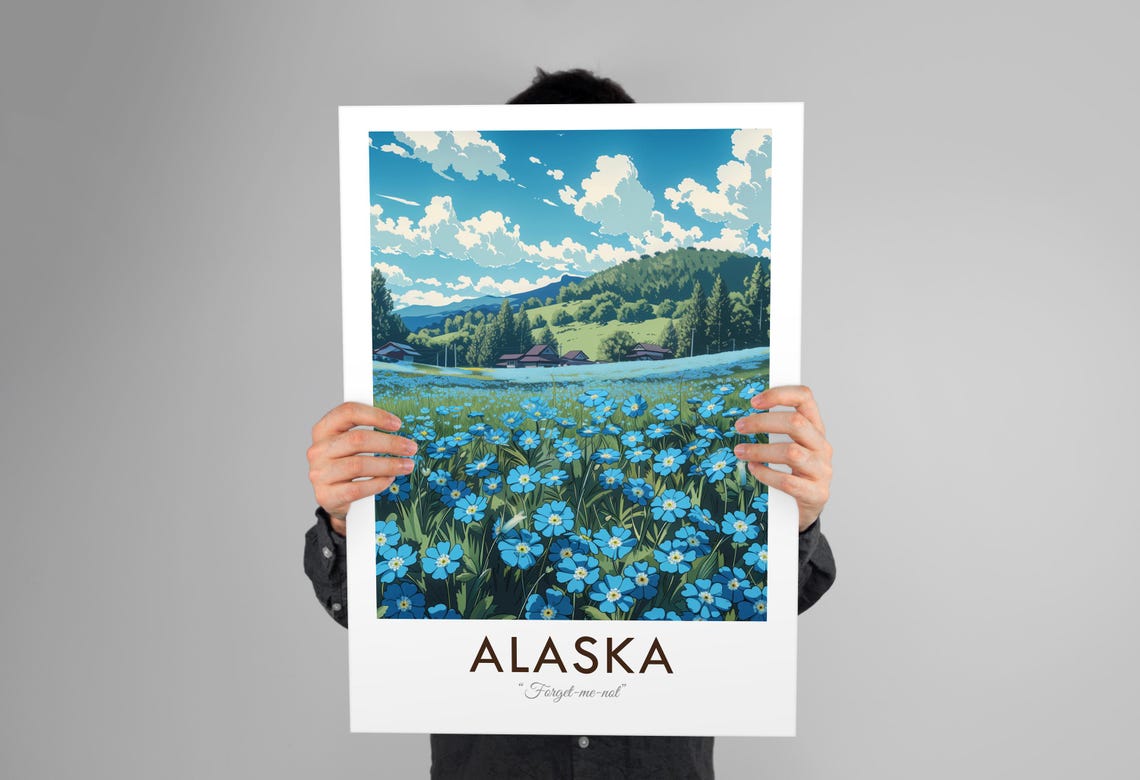 Alaska Forget-Me-Not State Flower Meadow Vintage Travel Poster - Image 3
