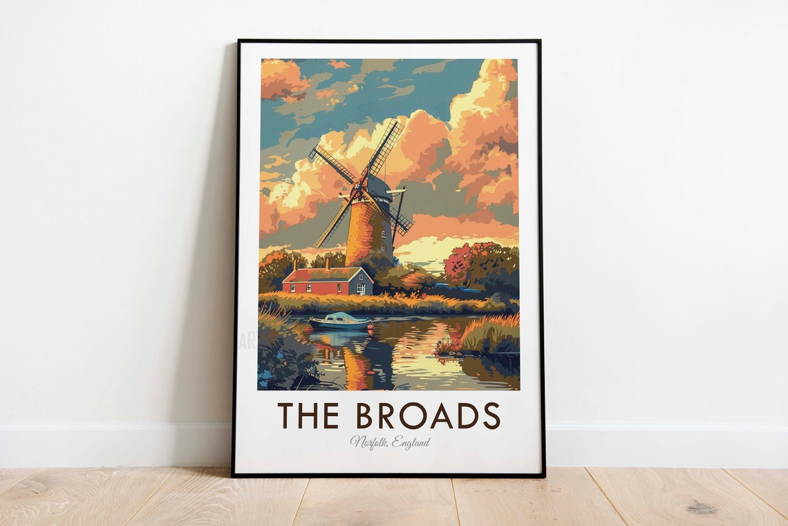 The Broads Norfolk England Vintage Windmill River Sunset Travel Poster