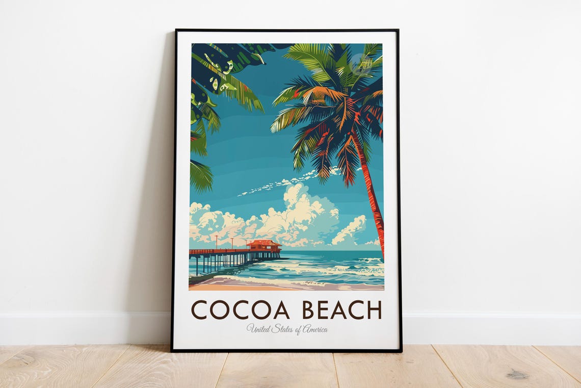 Cocoa Beach Florida Palm Trees Wooden Pier Sunset Travel Poster