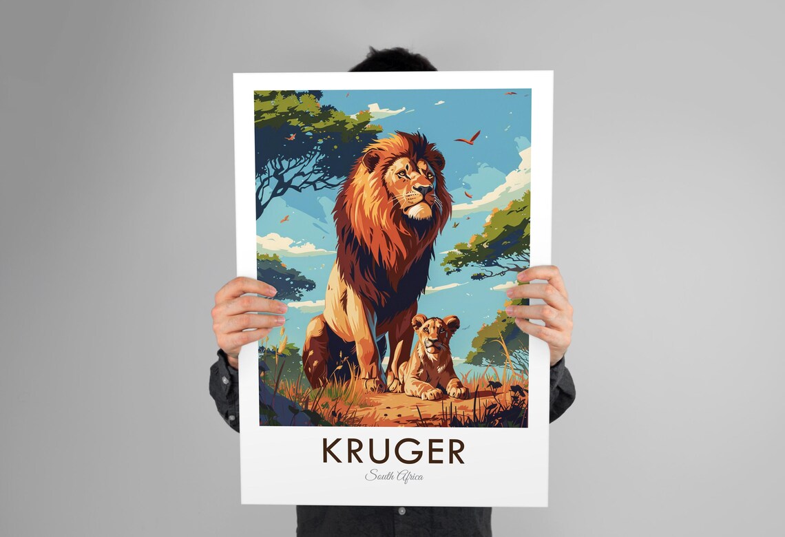Kruger South Africa Vintage Lion and Cub Safari Wildlife Travel Poster - Image 3