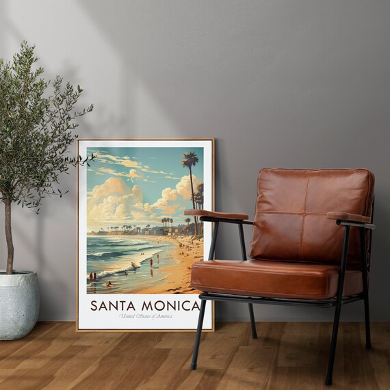 Santa Monica California Beach Palms And Surfers Vintage Style Travel Poster