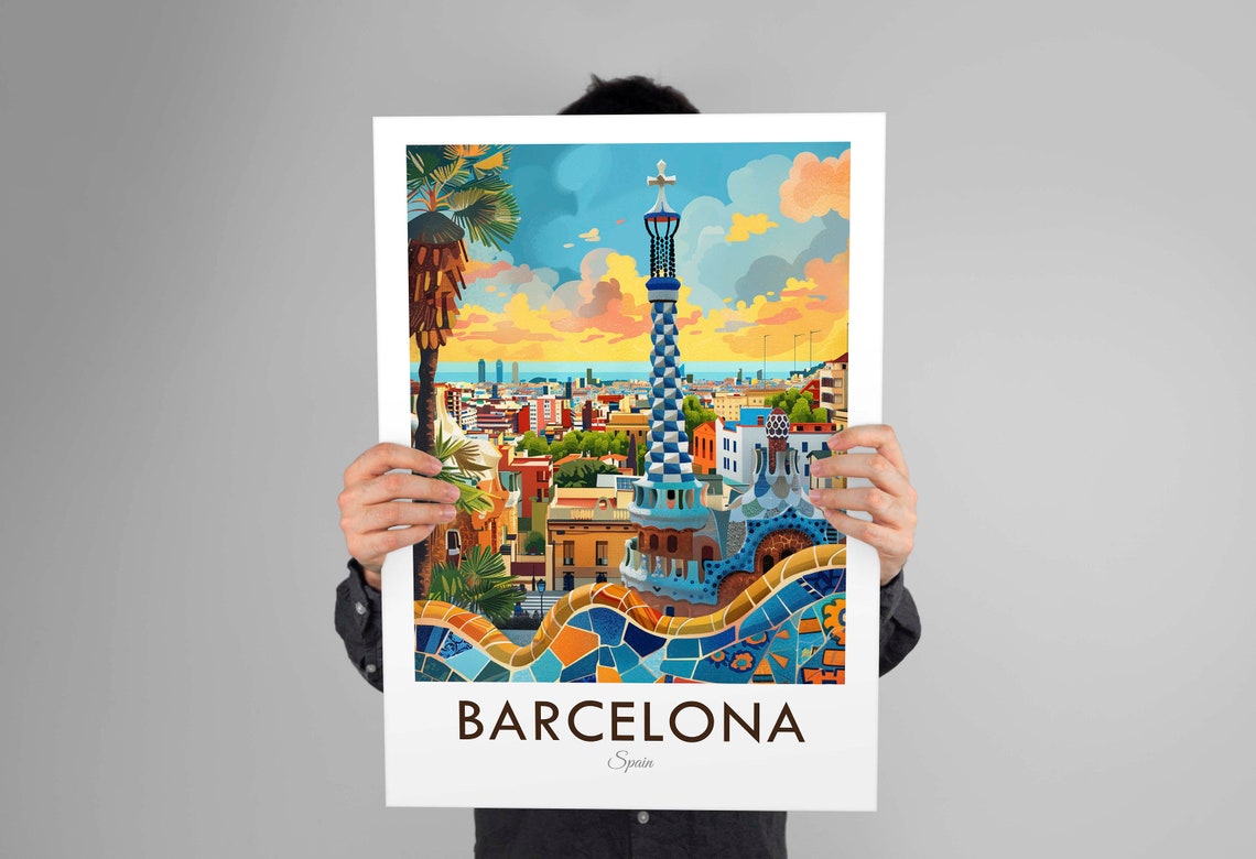 Barcelona Spain Vintage Park Guell Mosaic Terrace Gaudi Travel Poster - Image 3