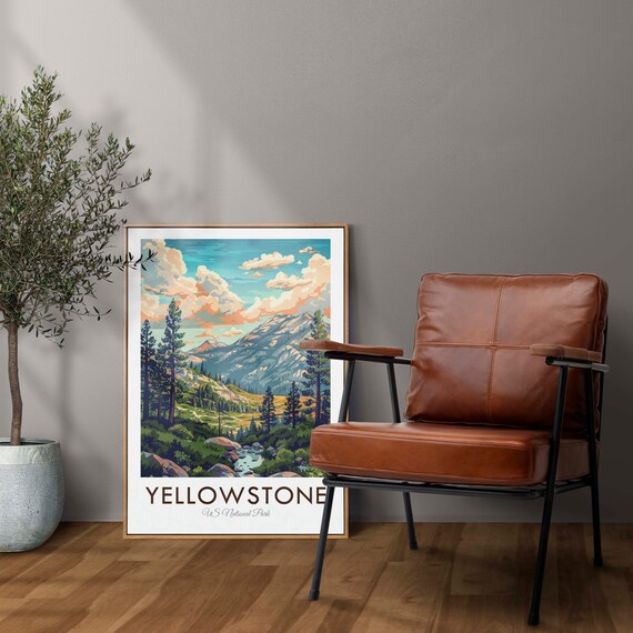 Yellowstone National Park Mountain Valley Pine Forest Stream Poster