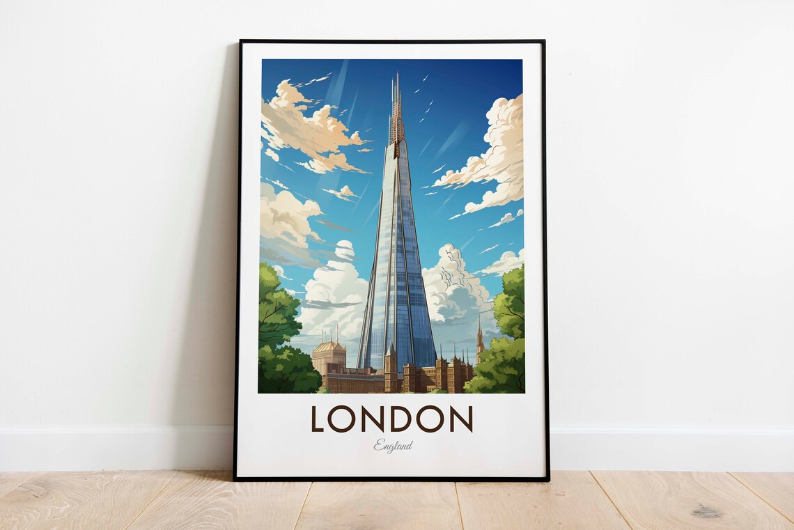 London England The Shard Glass Tower Blue Sky City Travel Poster