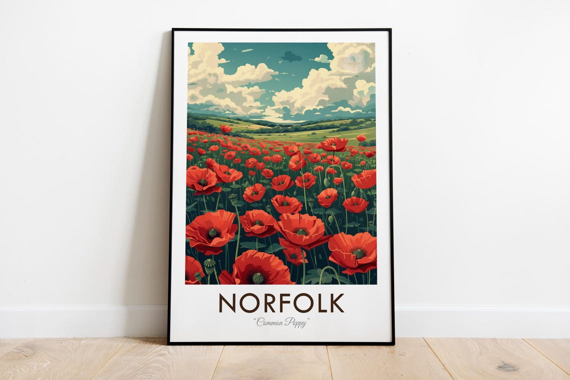 Norfolk England Common Poppy Wildflower Meadow Vintage Travel Poster