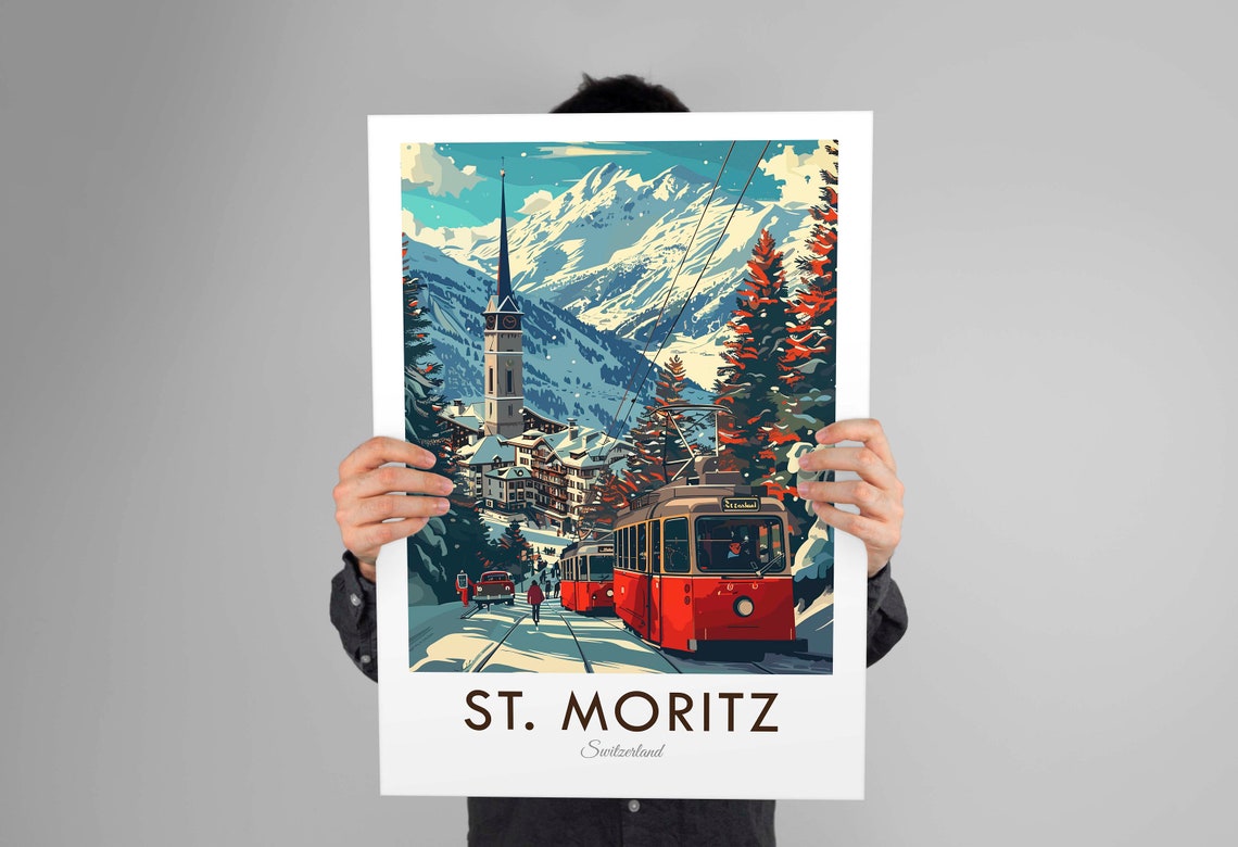 St. Moritz Switzerland Red Tram Snowy Alpine Mountains Ski Poster - Image 3