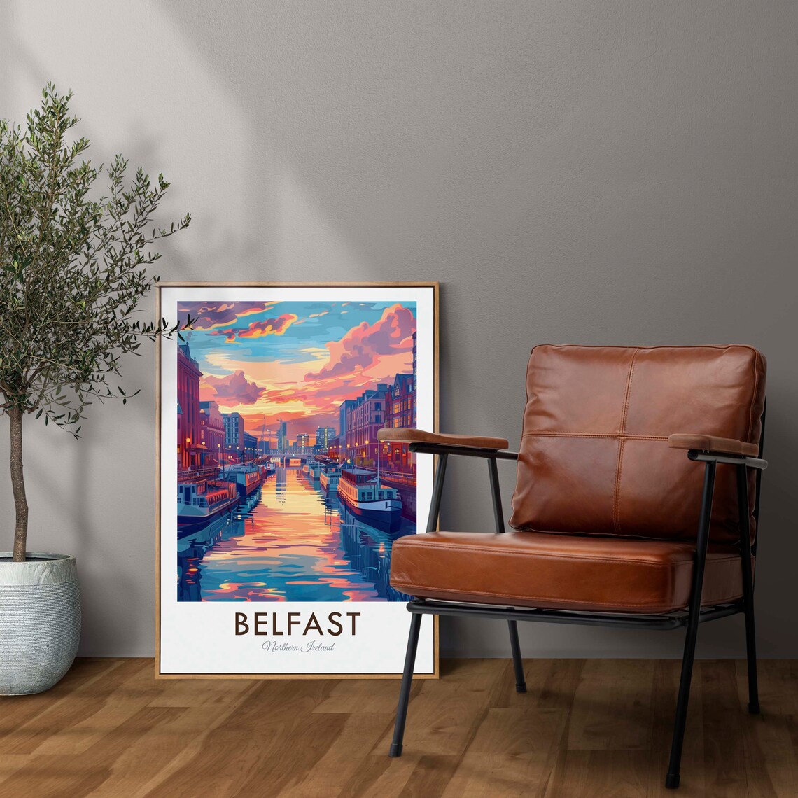 Belfast Northern Ireland Sunset River Boats City Lights Travel Poster - Image 2