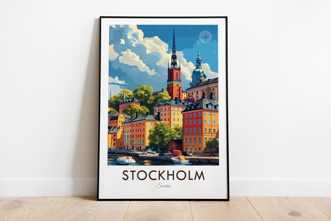 Stockholm Sweden Gamla Stan Colorful Harbor Waterfront Travel Poster
