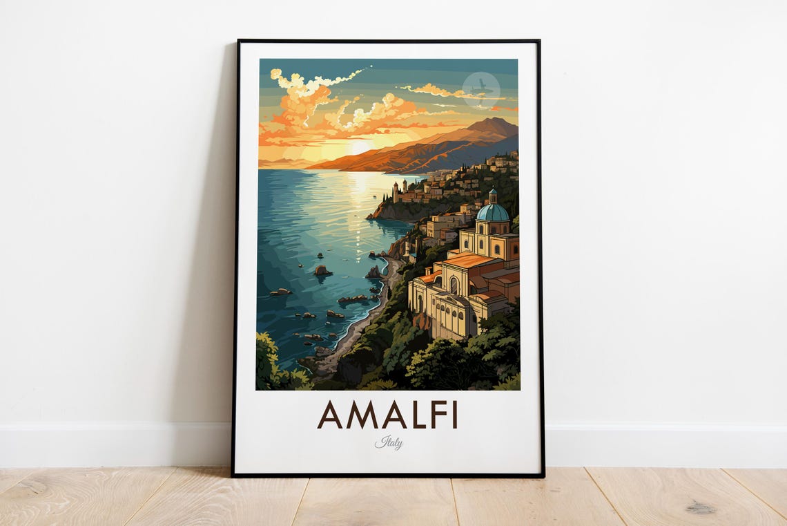 Amalfi Italy Cliffside Town Sunset Over The Coastline Travel Poster