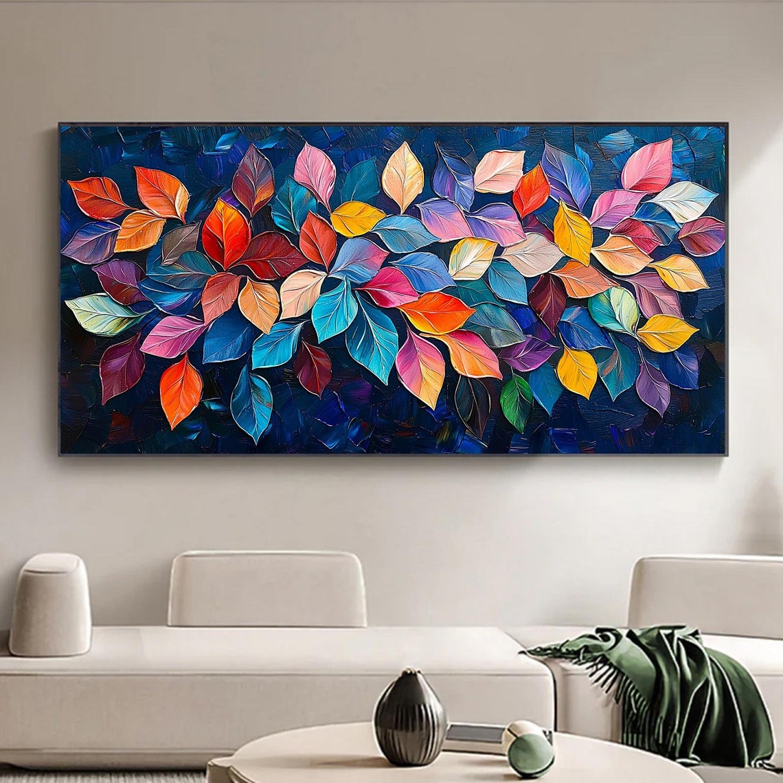 Dense Red Orange Rainbow Leaves Field on Deep Navy Blue Wall Art