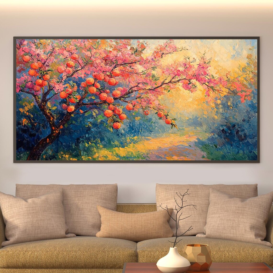 Blooming Fruit Tree With Orange Fruit And Pink Blossoms Poster