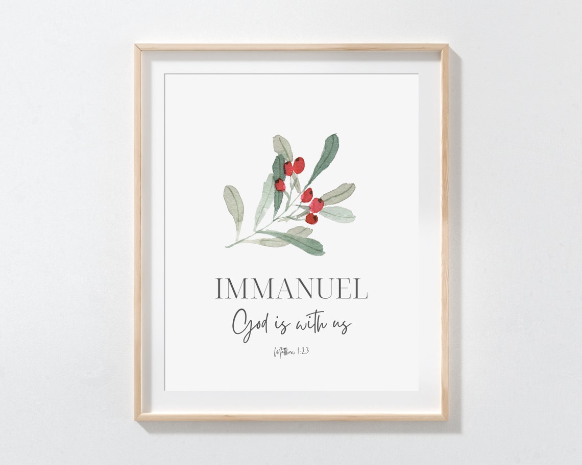 Immanuel God Is With Us Christmas Watercolor Berry Branch Wall Art