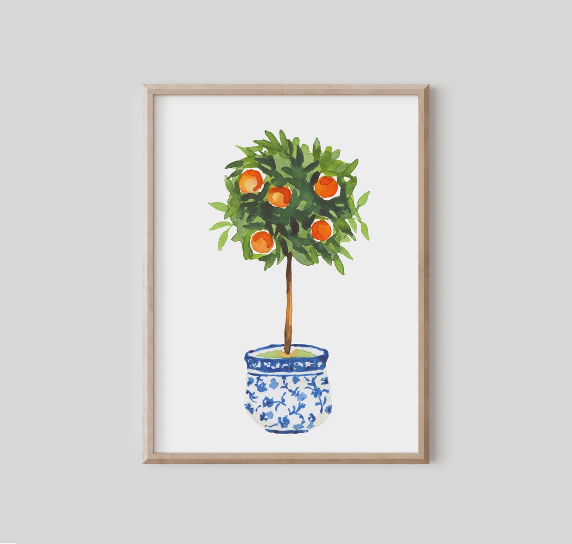 Orange Topiary Tree Watercolor Blue Chinoiserie Pot Kitchen Poster