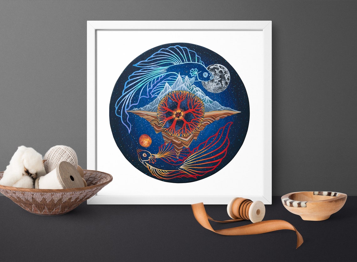 Two Cosmic Fish Circling Red Tree Of Life Under Moon Mandala Poster - Image 4