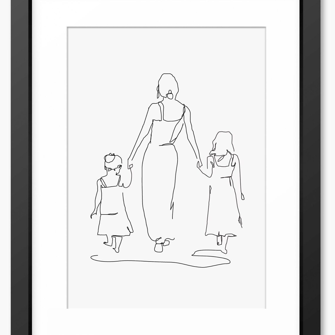 Mother Holding Her Two Daughters Hands Walking Away Line Art Poster