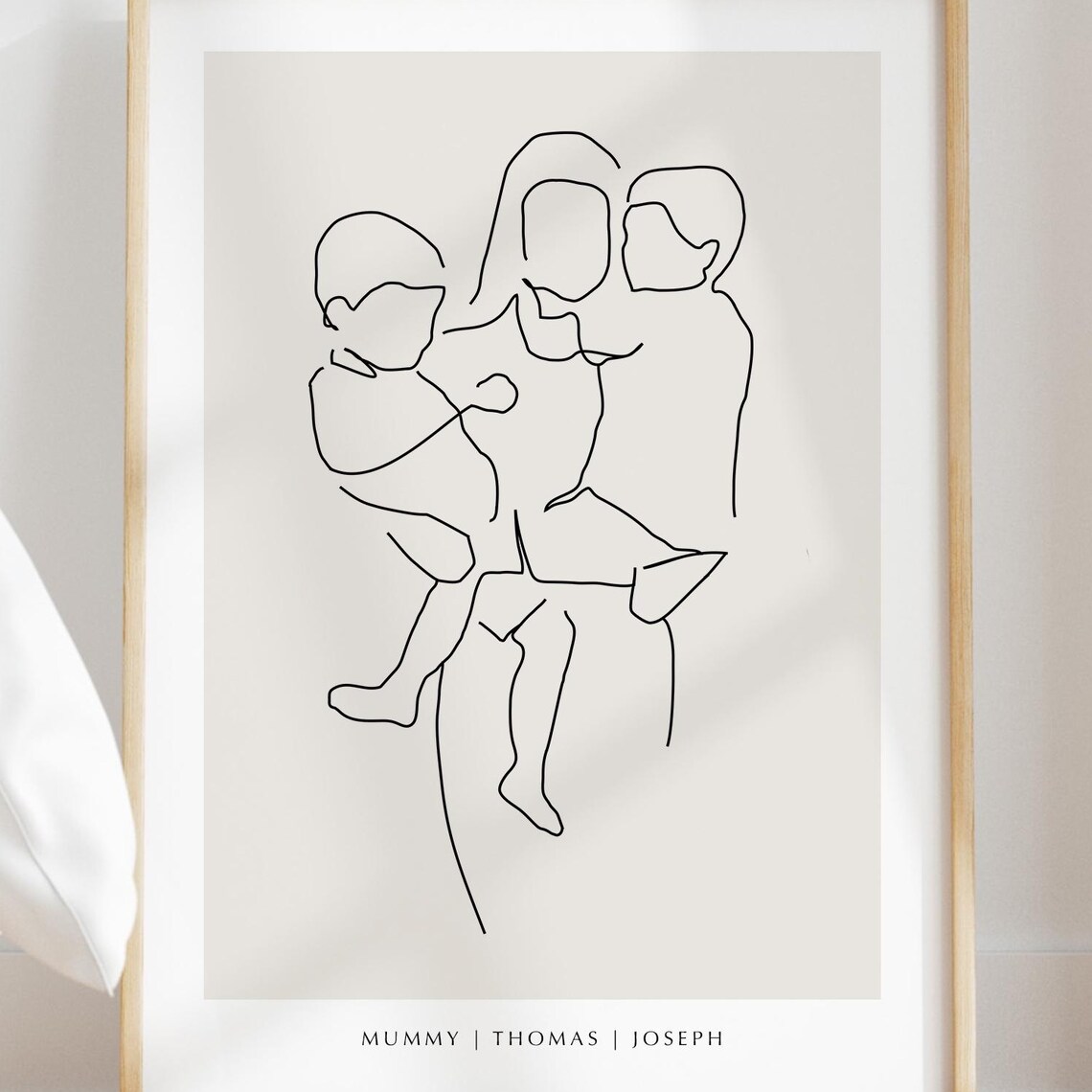 Personalized Mother Carrying Two Sons Tender Line Art Poster
