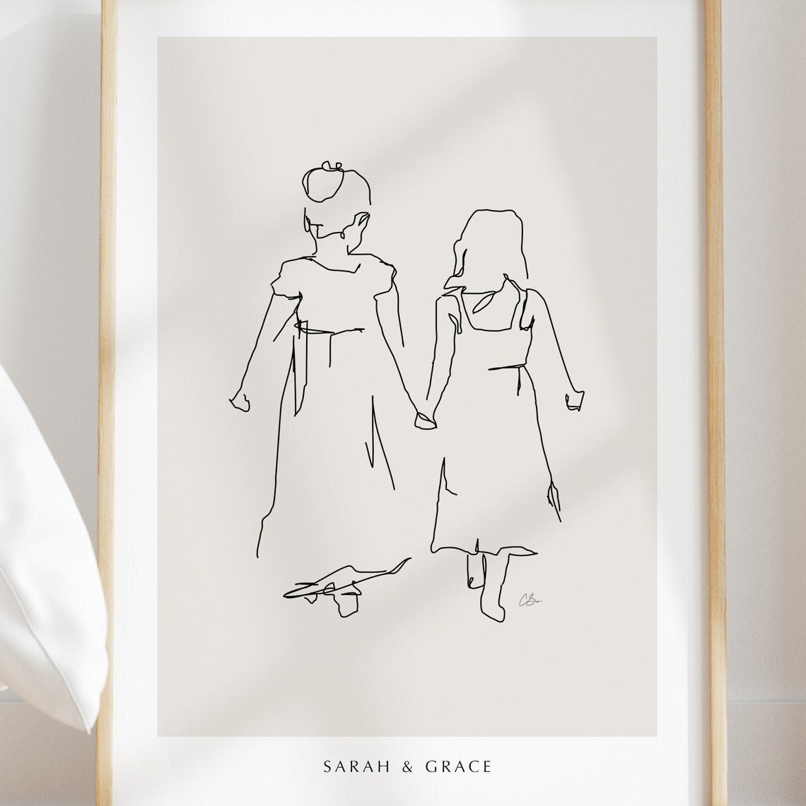 Personalised Two Sisters Walking Away Line Art Print for Her