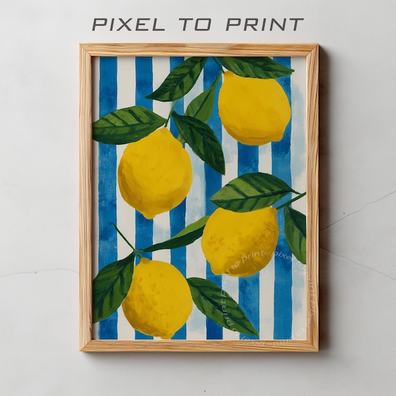 Coastal Crisp Fresh Lemons Blue White Stripe Modern Kitchen Art Poster