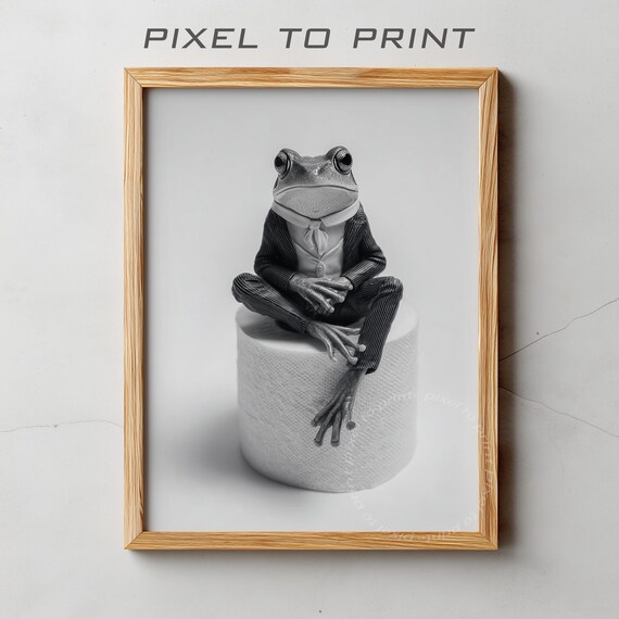Funny Quirky Frog Bathroom Art Suited Frog On Toilet Paper Roll Poster