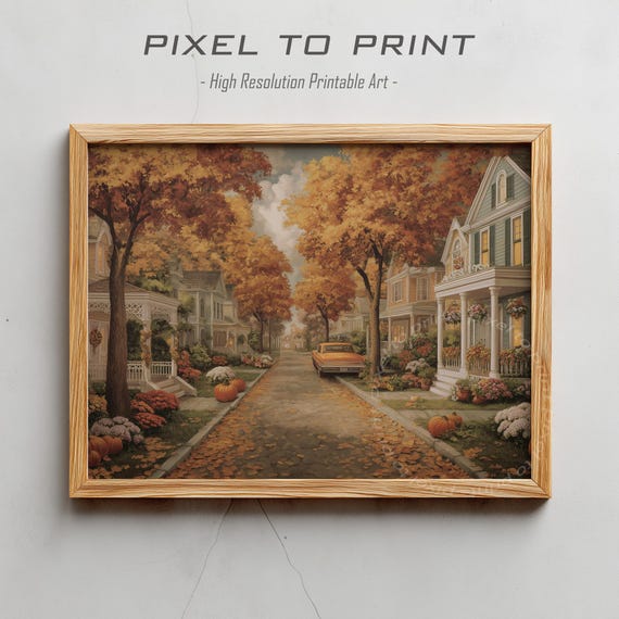 Fall Town Art Vintage Autumn Street Painting Seasondigital