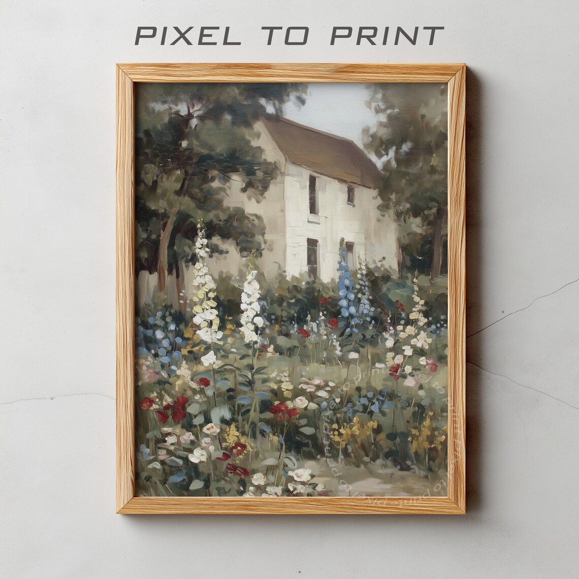 White Cottage Flower Garden Painting Vintage Floral Country Poster