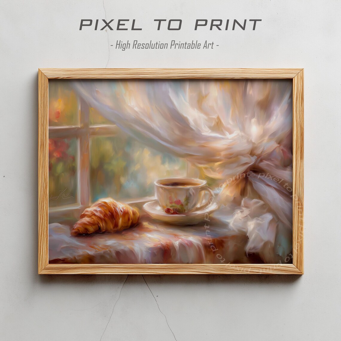 Croissant Coffee Cup Windowsill Impressionist Morning Painting Poster
