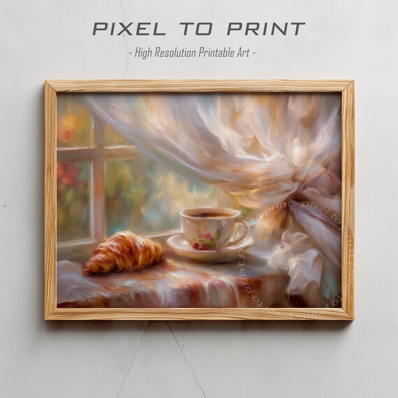 Croissant Coffee Cup Windowsill Impressionist Morning Painting Poster