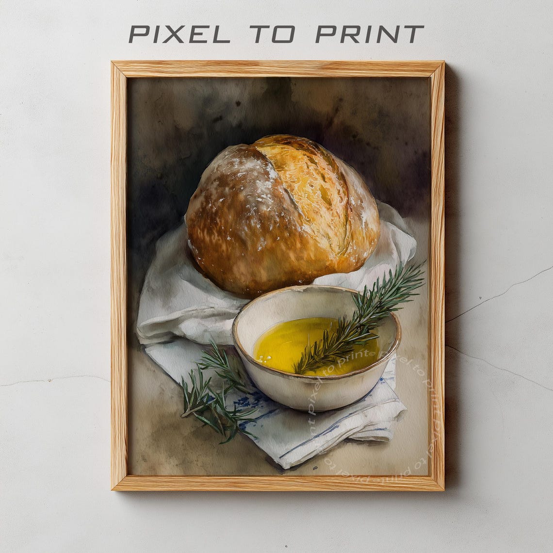 Rustic Bread and Olive Oil Watercolor Still Life Kitchen Poster