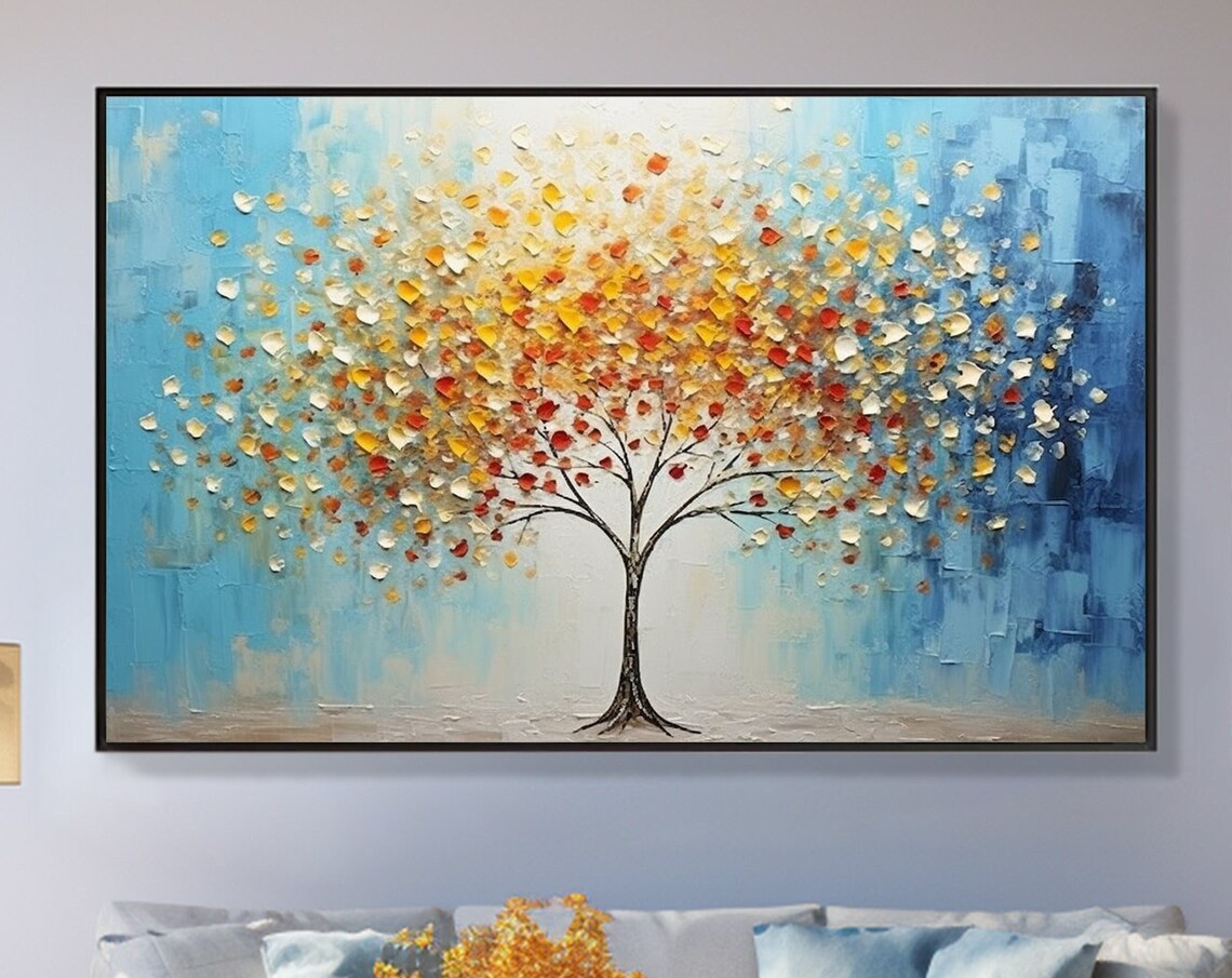 Tree of Life Golden Leaves Blue Sky Textured Canvas Art Poster