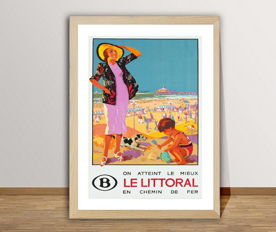 Le Littoral French Railway Beach Day Woman and Child Vintage Poster
