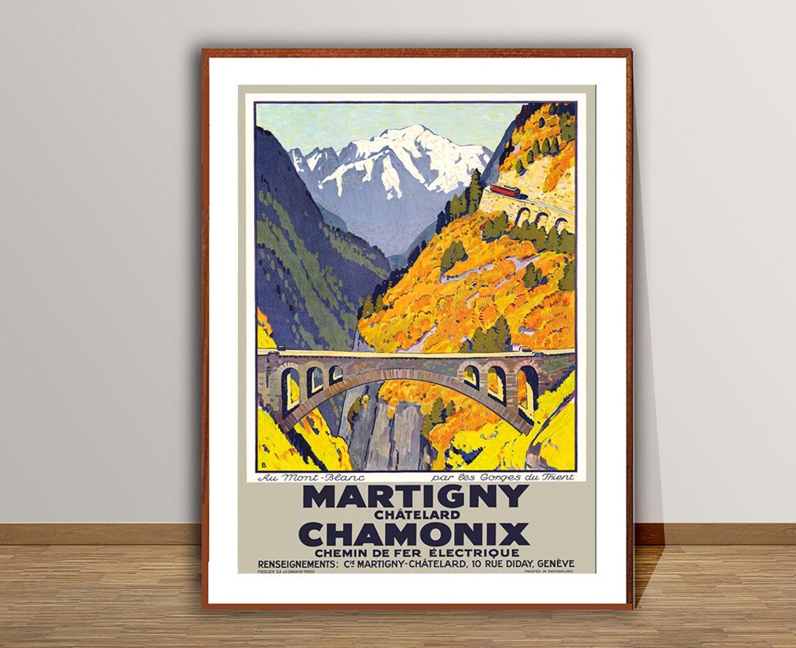 Martigny Chamonix Mont Blanc Electric Railway Vintage Travel Poster