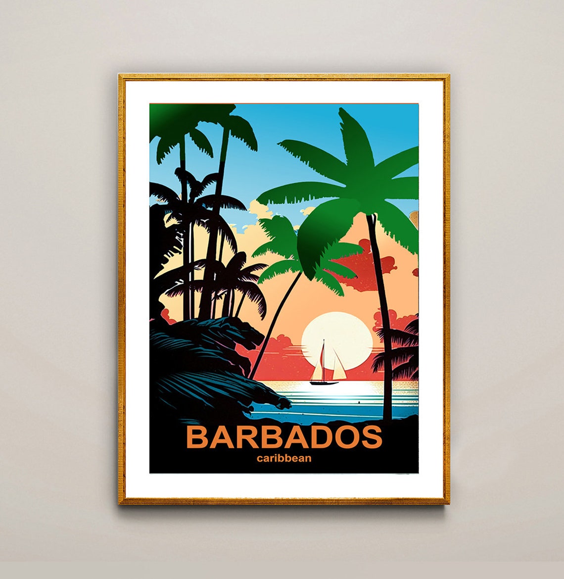 Barbados Caribbean Palm Silhouette Sunset Sail Vintage Island Poster