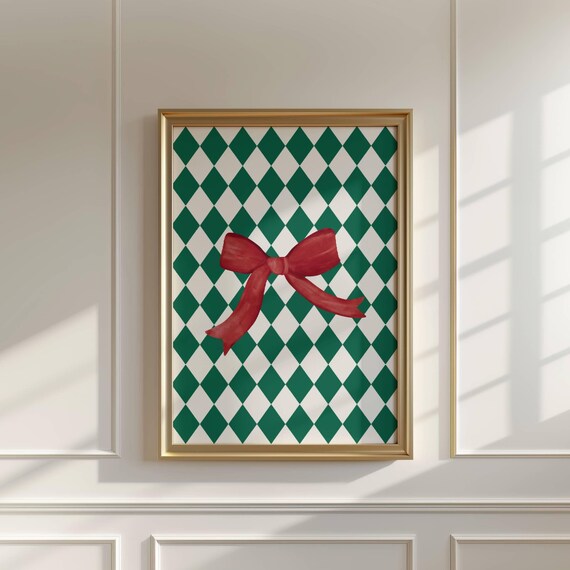 Green Diamond Pattern Red Bow Christmas Holiday Coquette Style Decor Poster