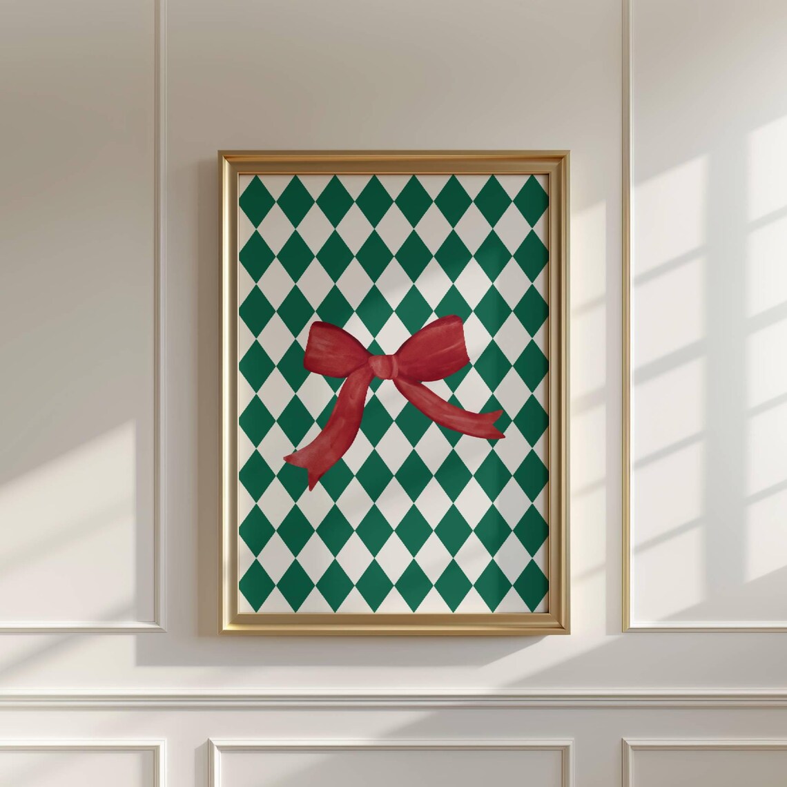 Green Diamond Pattern Red Bow Christmas Holiday Coquette Style Decor Poster