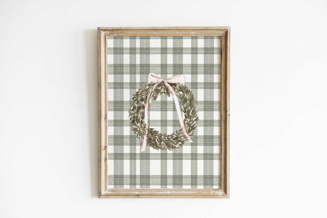 Sage Green Plaid Wreath With Blush Bow Winter Holiday Wall Print