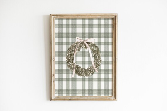 Sage Green Plaid Wreath With Blush Bow Winter Holiday Wall Print