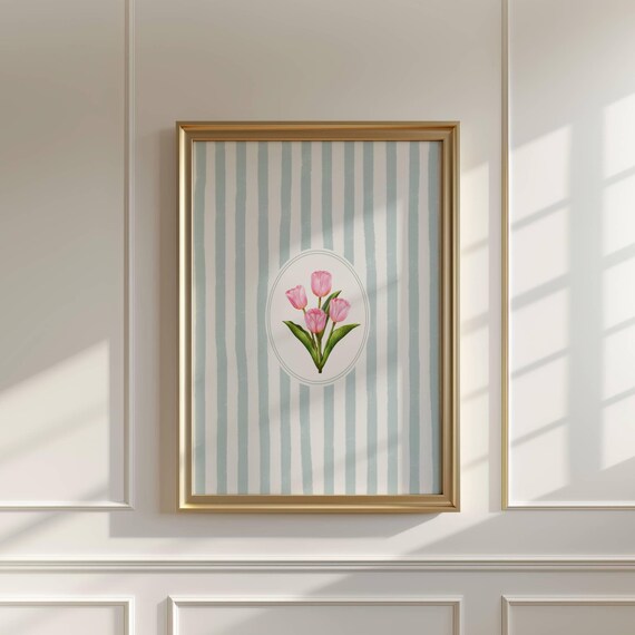 Vintage Style Tulip Green Stripped Illustration Print Abstract Flower Painting Botanical Trendy Cornflower Pink Decor