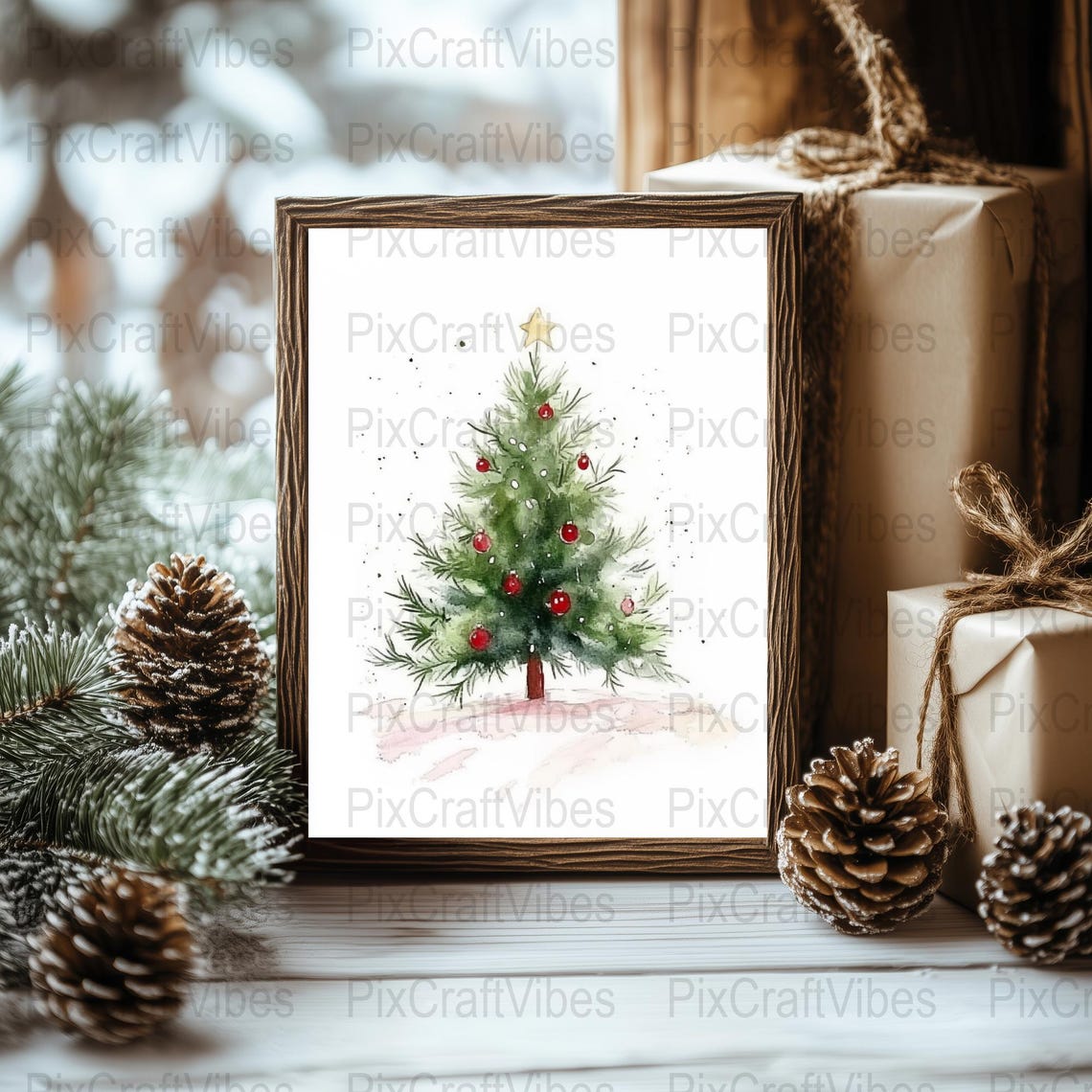 Watercolor Christmas Tree Red Ornaments Gold Star Festive Wall Art