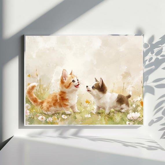 Cute Kitten Puppy Wall Art Print Animal Lovers Nature Decor Adorable Cat Dog For Living Room Or Nursery Pet Owners Gift