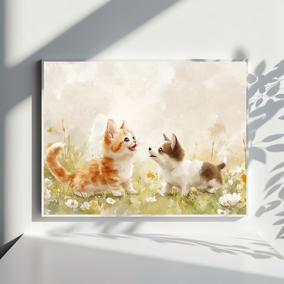 Cute Kitten Puppy Watercolor Meadow Nursery Animal Friends Wall Art
