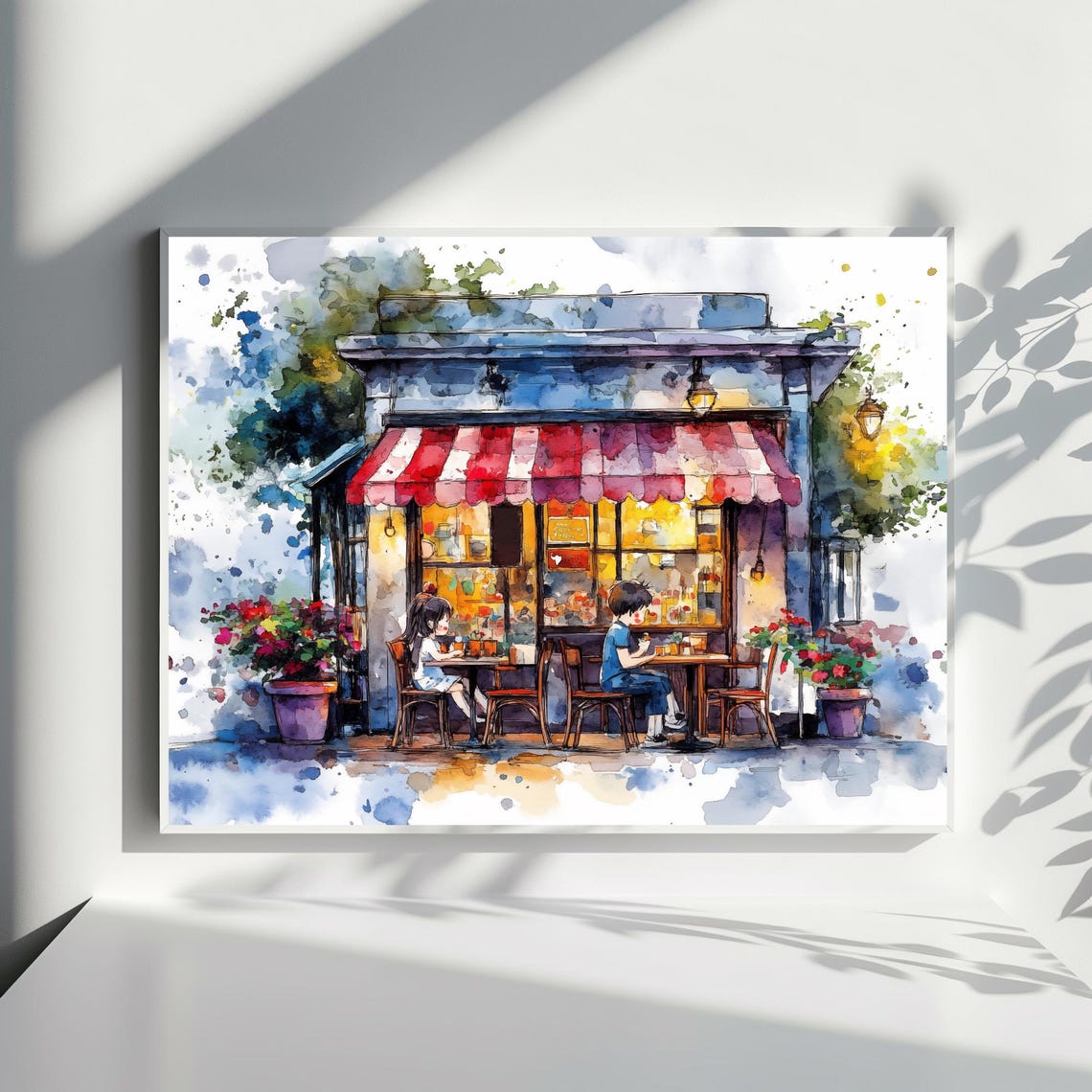 Cozy Cafe Red Awning Watercolor Bistro Outdoor Dining Wall Art